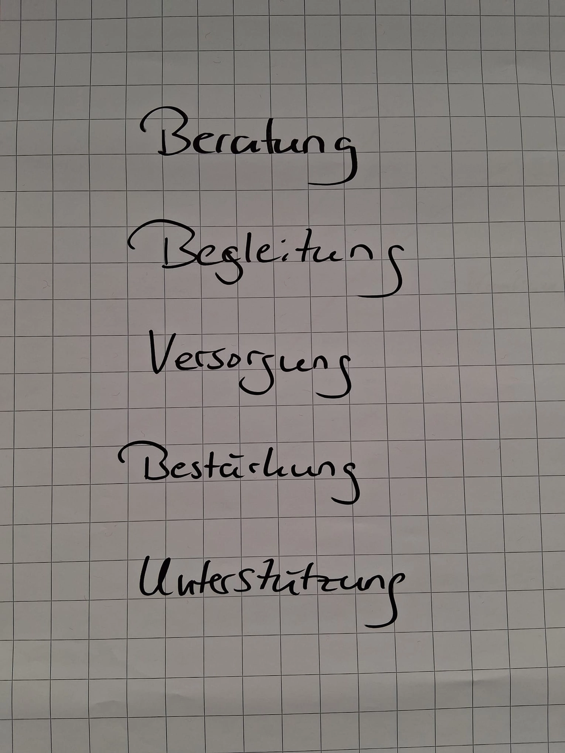 Hebamme Trauma-Fachberaterin - Coaching, Beratung, Kurse und Lesungen - Handschriftliche Liste mit fünf deutschen Wörtern auf Millimeterpapier: Beratung, Begleitung, Versorgung, Bestärkung und Unterstützung.